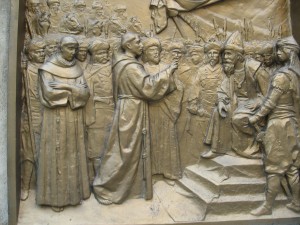 St. Francis and the sultan of Egypt. Sculpture by Arnaldo Zocchi, 1909, outside St. Anthony Church, Cairo
