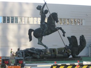 St. George slays the dragon of war. Sculpture at United Nations in New York.