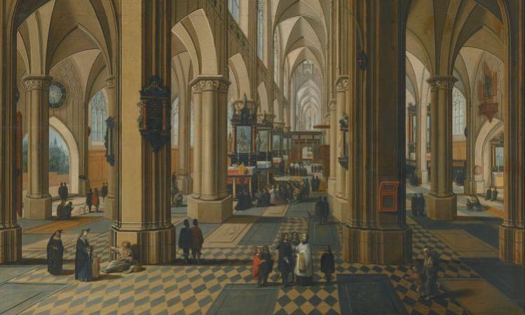 Pieter Neefs the Younger - Interior of a Gothic Church with Figures attending Mass / Wikimedia