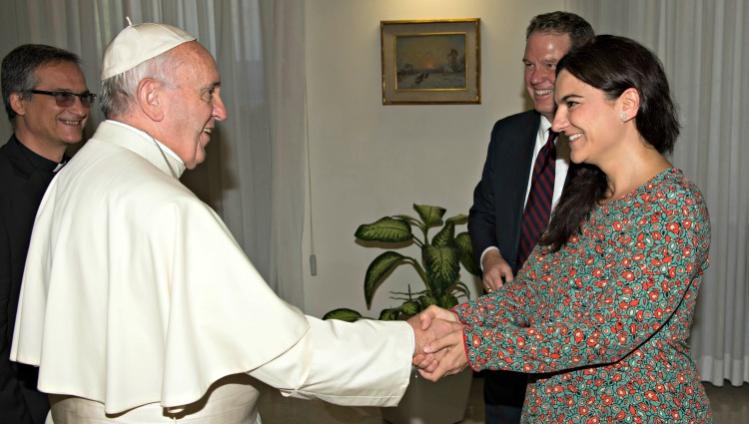CNS/L'Osservatore Romano: Pope Francis greets Paloma Garcia Ovejero, Greg Burke